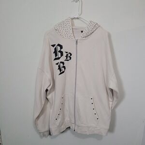 Unbranded Large Zip Up Hoodie Cream Gothic Graphic Rhinestone Y2K Streetwear